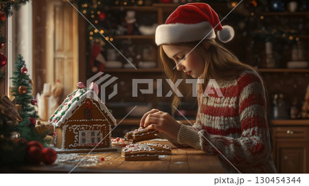 Young girl wearing a Santa hat concentrating on decorating a gingerbread house in a cozy kitchen decorated for Christmas 130454344