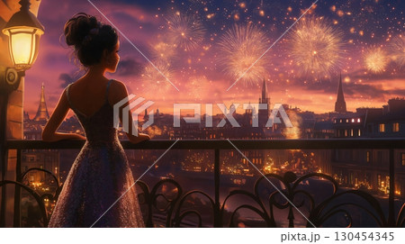 Woman wearing an elegant dress is enjoying the view of fireworks exploding over the Paris skyline at sunset from a balcony 130454345