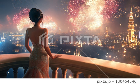 Elegant woman standing on a balcony, enjoying a fireworks show over the city at night 130454346