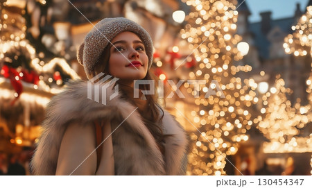 Beautiful young woman wearing a fur coat and a wool hat is enjoying the magical atmosphere of Christmas lights at a traditional Christmas market 130454347