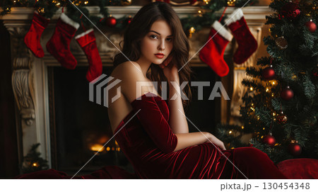 Beautiful young woman is posing in a red velvet dress by the fireplace and Christmas tree 130454348