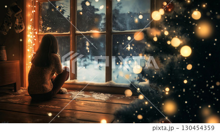 Young girl is sitting by a window covered in frost and watching snow falling on a Christmas eve 130454359