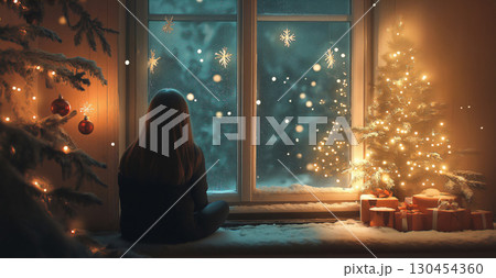 Young girl is sitting by a window covered in frost, watching the falling snow on Christmas eve 130454360