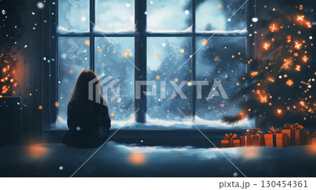 Young girl sitting by a window covered in frost, watching the snow falling outside on a Christmas night 130454361