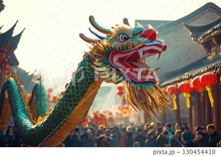 Crowd of people enjoying a colorful Chinese dragon dance celebrating the lunar new year in the street 130454410