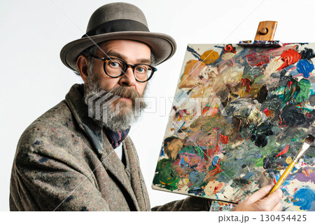 Portrait of a mature painter holding paintbrushes and a palette covered in colorful oil paints 130454425