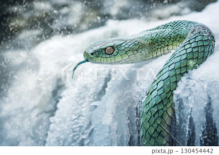 Green snake flicks its tongue on a frozen waterfall in winter, showcasing its beauty and danger in a mesmerizing close up shot 130454442