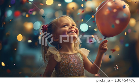Little girl wearing an elegant dress, smiling and holding a balloon with confetti falling around her at a party 130454476
