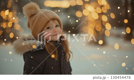 Little girl is having fun while it's snowing on a beautiful winter day with Christmas lights in the background 130454478