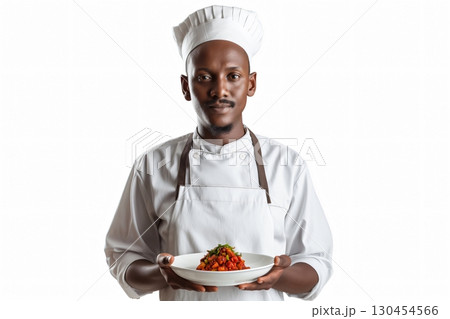 Proud chef holding a plate with traditional Ethiopian dish, showcasing culinary skills and cultural heritage. Capturing essence of African cuisine, man in uniform and hat presents delicious meal Proud chef holding a plate with traditional Ethiopian dish, showcasing culinary skills and cultural heritage. Capturing essence of African cuisine, man in uniform and hat presents delicious meal 130454566