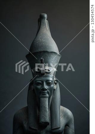 Dark stone statue of ancient Egyptian god Osiris wearing the Atef crown and holding the crook and flail Dark stone statue of ancient Egyptian god Osiris wearing the Atef crown and holding the crook and flail 130454574