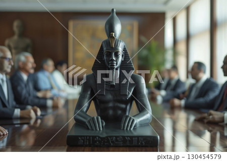 Majestic Osiris statue is positioned at the center of a business meeting taking place in a luxurious office, symbolizing power and authority Majestic Osiris statue is positioned at the center of a business meeting taking place in a luxurious office, symbolizing power and authority 130454579