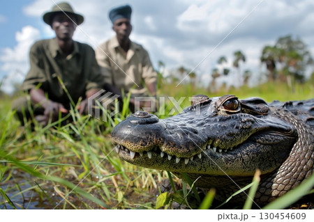 Large crocodile is resting near water while two park rangers watch in the background Large crocodile is resting near water while two park rangers watch in the background 130454609