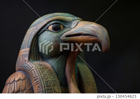 Painted statuette of Thoth, the ancient Egyptian god of wisdom and writing, is posing in profile against a black background 130454623