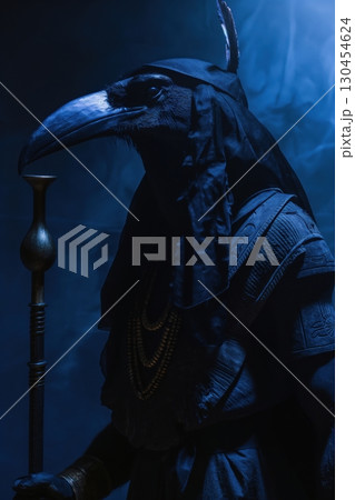 Actor with a bird mask and black clothes, representing Thoth the Egyptian god of wisdom, posing with a staff in a studio 130454624
