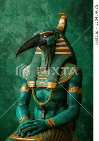 Green statue of Thoth the Egyptian god of wisdom and writing sitting on a throne with hieroglyphics 130454625