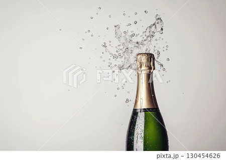 Luxurious champagne bottle explodes with bubbles, pouring sparkling wine in a splash. The golden cork flies off, symbolizing success and fun. Perfect for celebrations 130454626