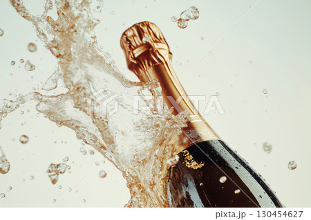 Champagne bottle being uncorked with champagne splashing everywhere on a light background 130454627