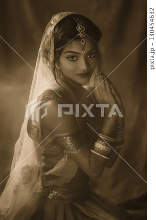 Beautiful indian woman wearing traditional clothes and jewelry is posing for a sepia toned portrait 130454632
