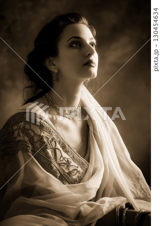 Beautiful indian woman wearing a traditional sari and jewelry looking up with hope 130454634