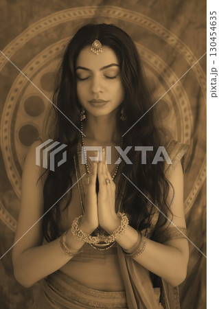 Beautiful indian woman with long dark hair, wearing a bindi and traditional gold jewelry, is holding her hands in prayer 130454635