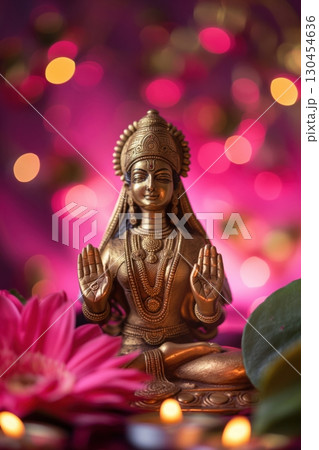 Golden statue of goddess sita with her hands raised in blessing, surrounded by pink flowers and candles, with a pink bokeh background 130454636
