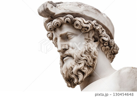 Stunning marble statue of an ancient greek god poses against a white background, showcasing intricate craftsmanship and rich history 130454648
