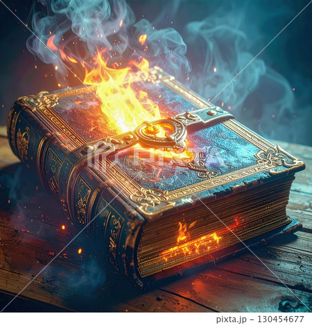 Enchanted glowing spellbook with golden clasp burning with fire and smoke in surreal Halloween night Enchanted glowing spellbook with golden clasp burning with fire and smoke in surreal Halloween night 130454677