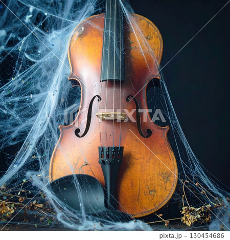 Standing violin wrapped in spider webs and dust leaning against dark wall in haunted Halloween atmosphere 130454686