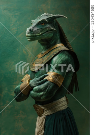 Powerful reptilian deity of ancient egypt standing with crossed arms against a green background 130454689