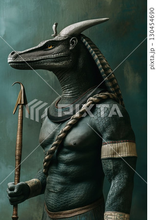 Sobek, the ancient egyptian god, is posing with a spear and a crown, showcasing his power and divinity 130454690