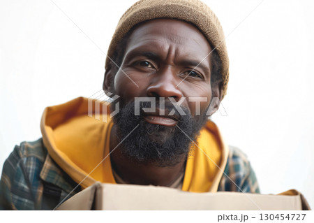 Hopeful homeless man holds a donation box, reflecting desperation and optimism. Portrait captures his struggle and need for support. Image emphasizes importance of charity in addressing poverty 130454727