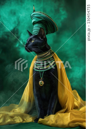 Black cat is posing in an Egyptian goddess costume, wearing a golden cape and a green headwear, in front of a green background 130454755