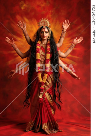 Indian woman wearing a red sari and gold accessories posing as the Hindu goddess Durga, standing in front of a red background 130454758