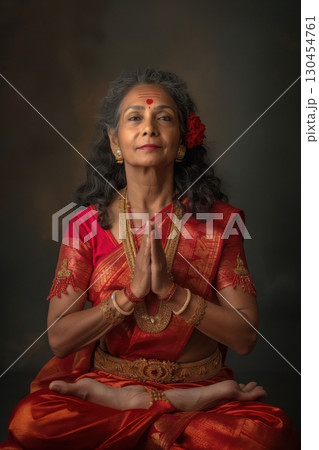 Older Indian woman with gray hair wearing traditional clothing and jewelry sits with her hands pressed together in prayer 130454761