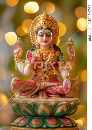 Goddess Lakshmi idol sitting on lotus with a golden bokeh background, representing wealth, prosperity, and fortune in Hindu mythology Goddess Lakshmi idol sitting on lotus with a golden bokeh background, representing wealth, prosperity, and fortune in Hindu mythology 130454762