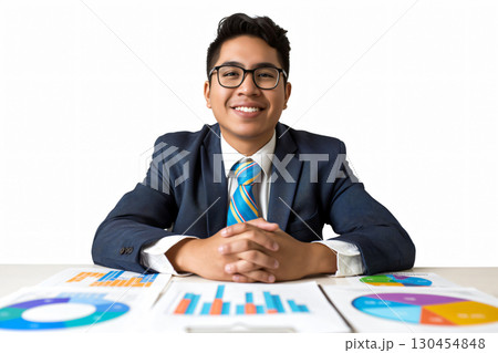 Young businessman is smiling at his desk while reviewing positive business results on charts and graphs 130454848