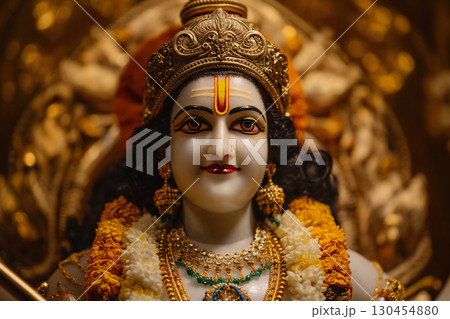 Beautiful statue of lord Rama posing in a temple, decorated with a crown and necklaces 130454880
