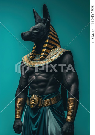 Muscular man wearing an elaborate Anubis costume with a jackal head and golden adornments is posing on a green background 130454970