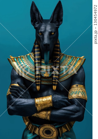 Statue of Anubis, the ancient Egyptian god of the afterlife, standing with arms crossed, adorned in gold and blue 130454972