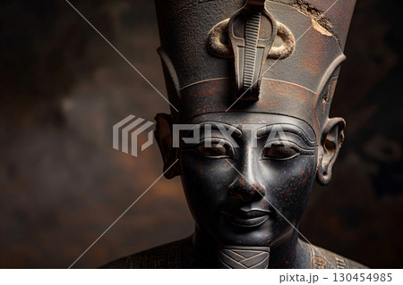 Weathered Osiris statue is illuminated by soft studio lighting, highlighting the craftsmanship of the piece 130454985