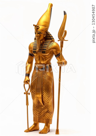 Golden statue of Osiris, ancient Egyptian god of the underworld, holding a crook and flail, isolated on white background 130454987