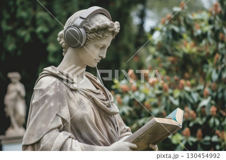 Ancient Greek statue wearing headphones is reading a book in a public park, enjoying an audiobook 130454992