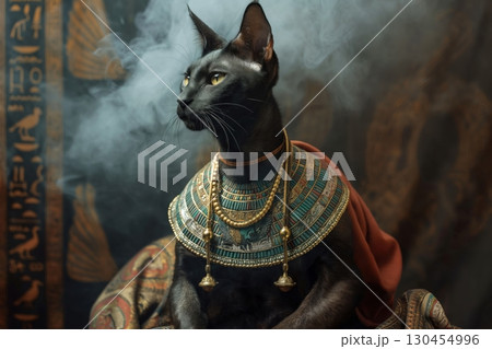 Regal black cat is posing in a studio, wearing a golden and turquoise Egyptian necklace and a red cape 130454996