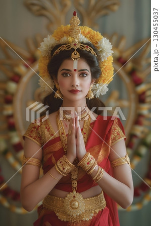 Indian woman is posing with her hands joined, wearing a red and gold sari and lots of gold jewelry 130455037