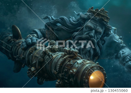 Steampunk Neptune, the roman god of freshwater and the sea, navigating the deep ocean holding a submarine device 130455060