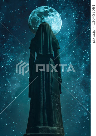 Ancient Egyptian goddess statue standing with its back to the viewer, illuminated by the light of the moon and stars 130455061