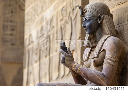 Ancient Egyptian deity statue holding a smartphone at Luxor temple, a famous historical landmark in Egypt 130455063