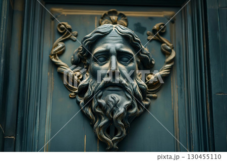 Bas relief of Janus, roman god of beginnings, gates, transitions, time, duality, doorways, passages, and endings, decorating a wooden door 130455110