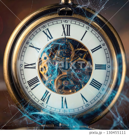 Old pocket watch covered with spider webs showing broken gears, symbolizing passing time, decay, and gothic horror fantasy Old pocket watch covered with spider webs showing broken gears, symbolizing passing time, decay, and gothic horror fantasy 130455111